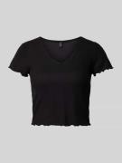 Only Cropped T-Shirt mit Muschelsaum Modell 'KIKA' in Black, Größe L