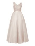 Unique Abendkleid aus Mesh mit floralen Stickereien in Beige, Größe XS