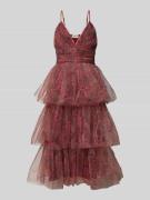 LACE & BEADS Knielanges Cocktailkleid mit Volants in Bordeaux, Größe L