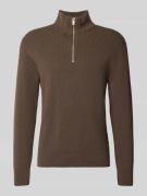 Lindbergh Strickpullover mit Troyer-Kragen in Mittelbraun, Größe XL