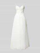 Luxuar Abendkleid mit Perlen und Spaghettiträgern in Offwhite, Größe 3...