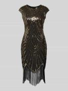 Apricot Minikleid mit Pailletten und Fransen in Black, Größe M