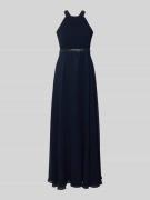 V.M. Abendkleid mit Ziersteinbesatz und Raffungen in Marine, Größe 42