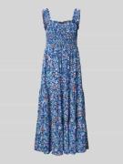 Apricot Midikleid mit Smok-Details und Volantsaum in Blau, Größe L