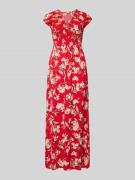 Apricot Maxikleid aus Viskose mit V-Ausschnitt und Smok-Details in Rot...