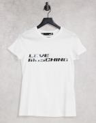 Love Moschino – T-Shirt mit Metallic-Logo in Weiß